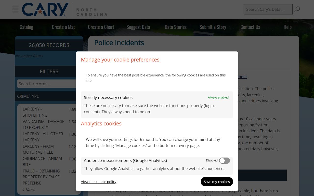 Cary open data portal showing criminal history incident data