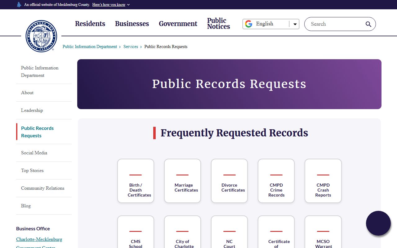 Mecklenburg County public records request portal for Charlotte criminal history