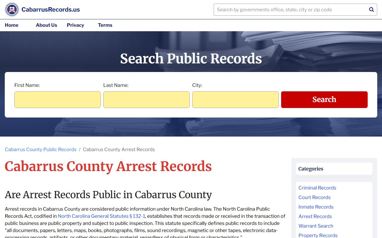Cabarrus County arrest records database for Concord criminal history searches