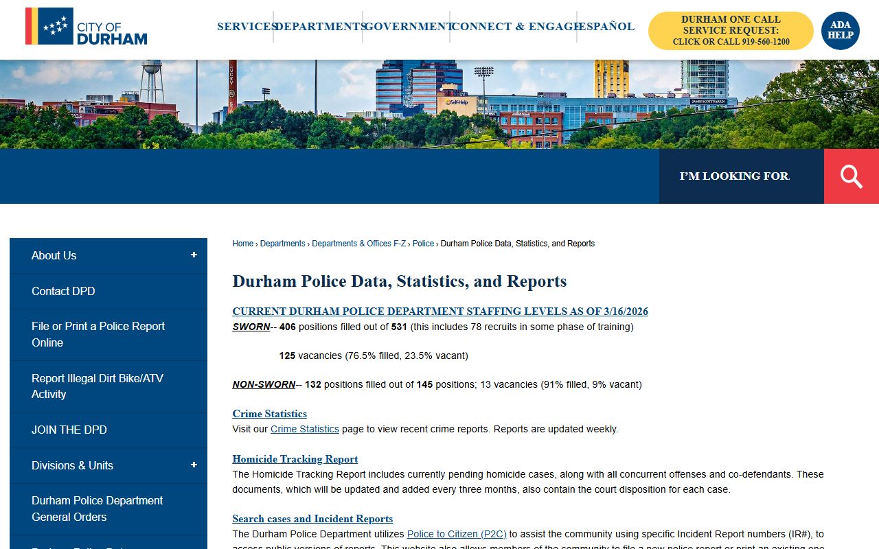 Durham Police Department data and statistics page for criminal history research