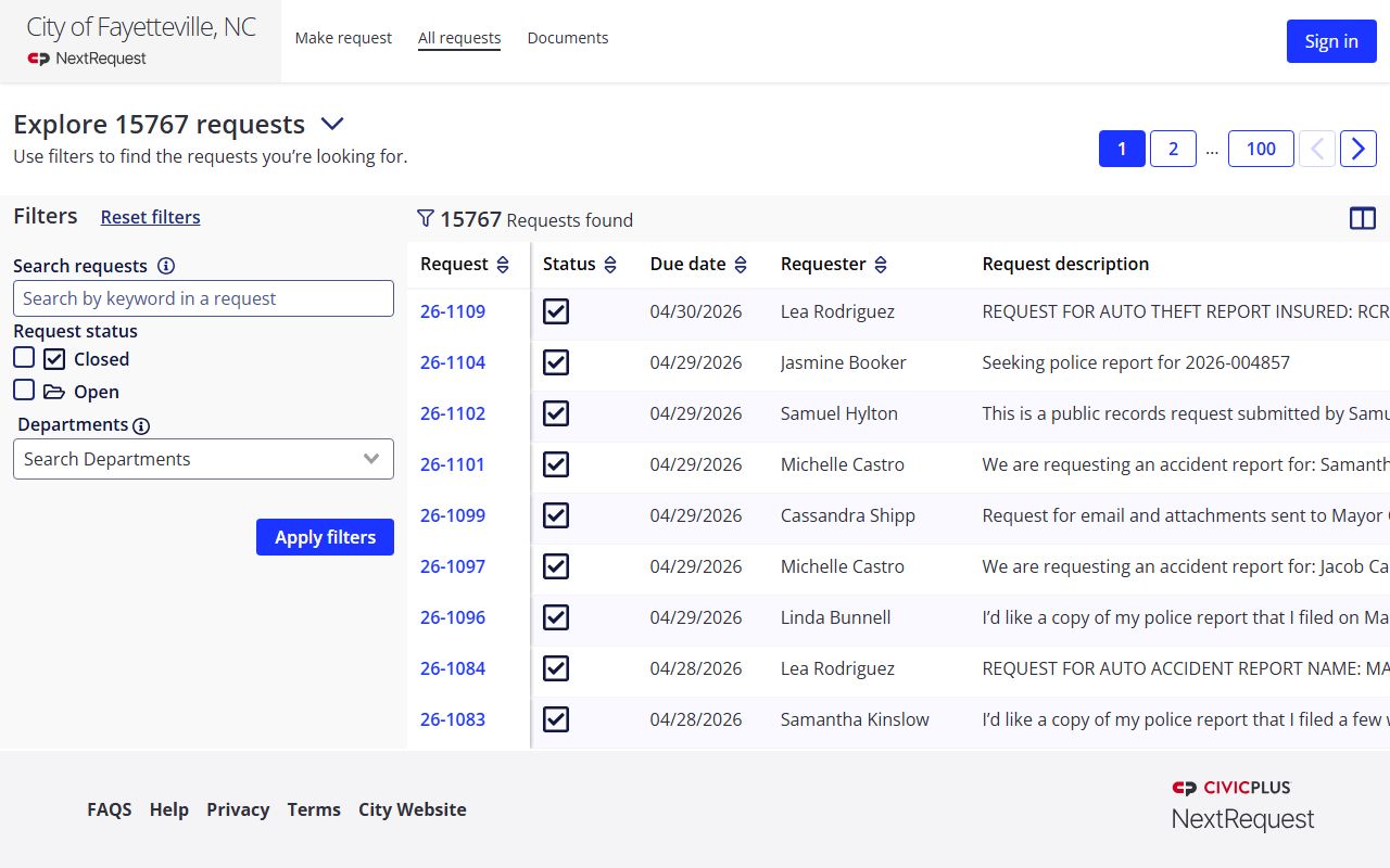 Fayetteville records request portal for criminal history documents