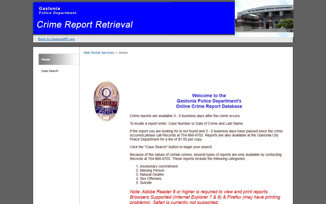 Gastonia Police crime records database for Gastonia criminal history search