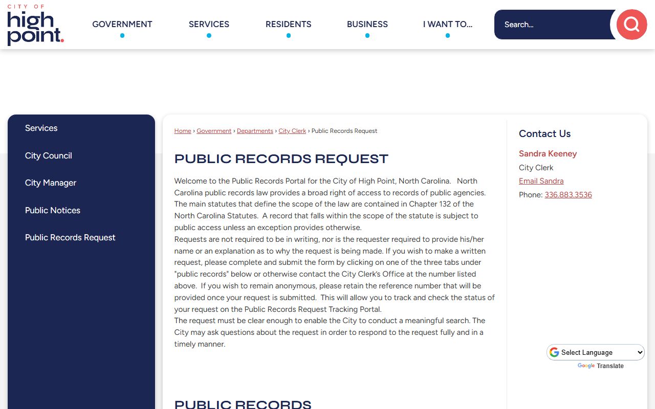High Point public records request page for criminal history searches