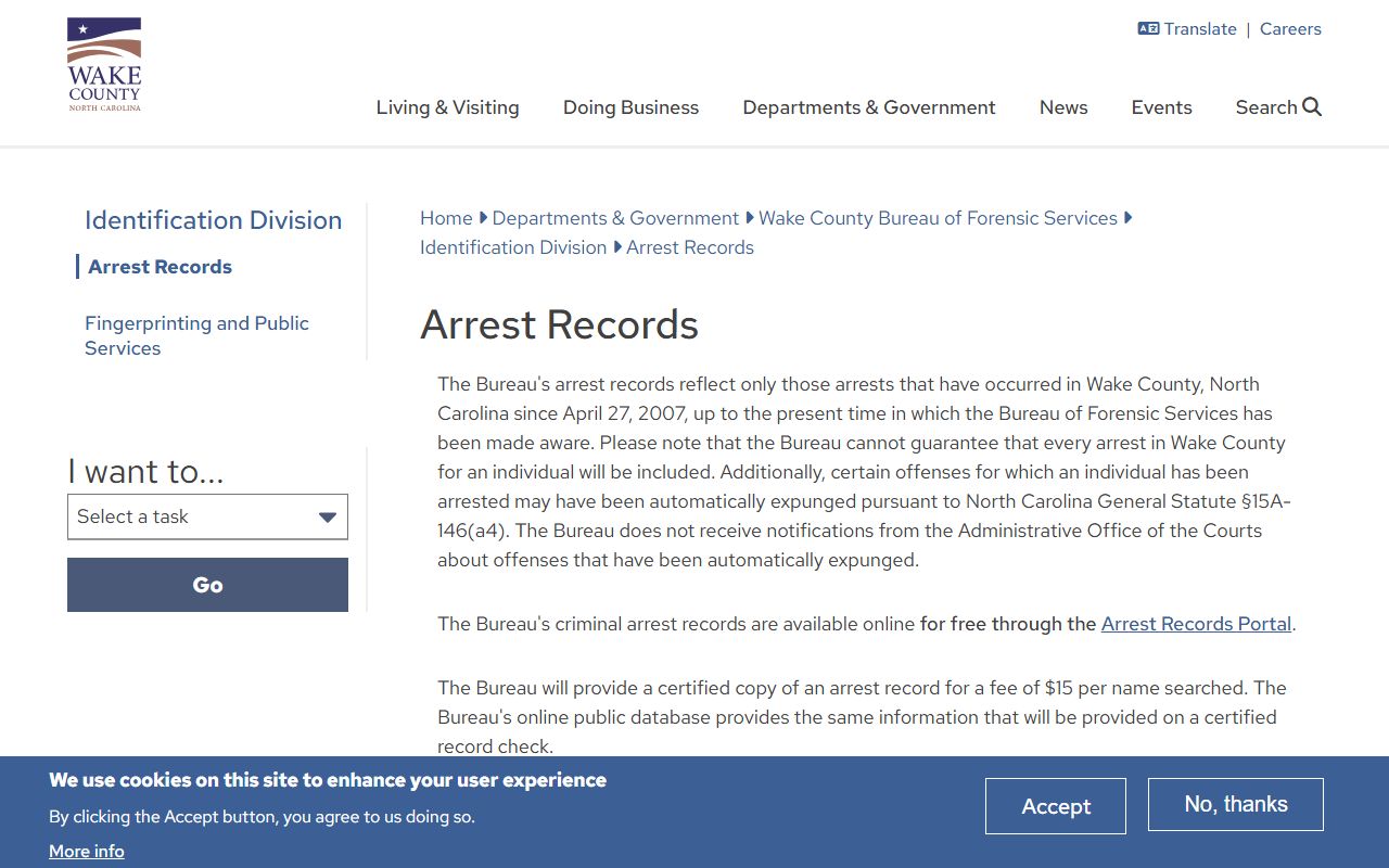 Wake County CCBI criminal record inquiry page for Raleigh criminal history