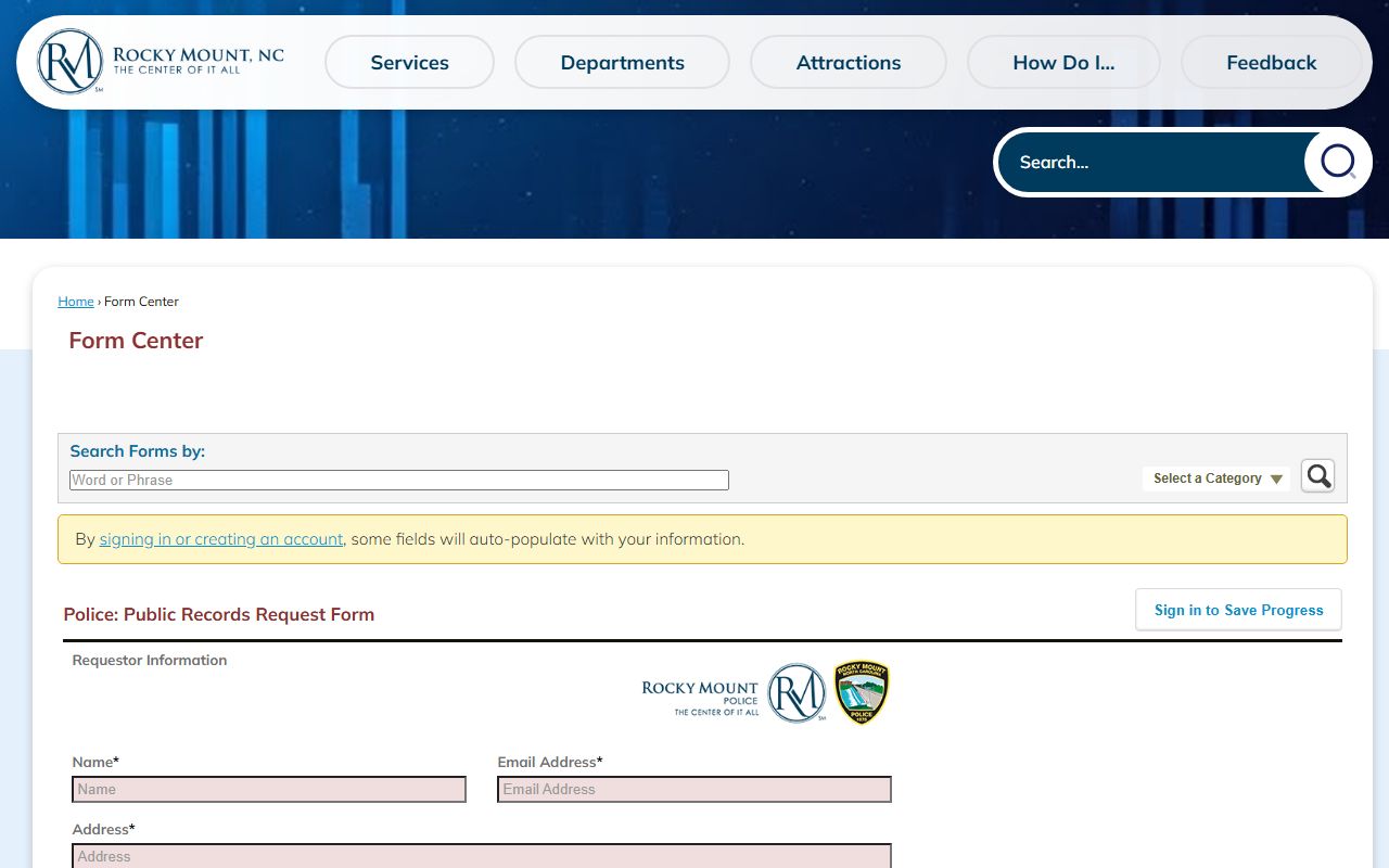 Rocky Mount Police public records request form for criminal history