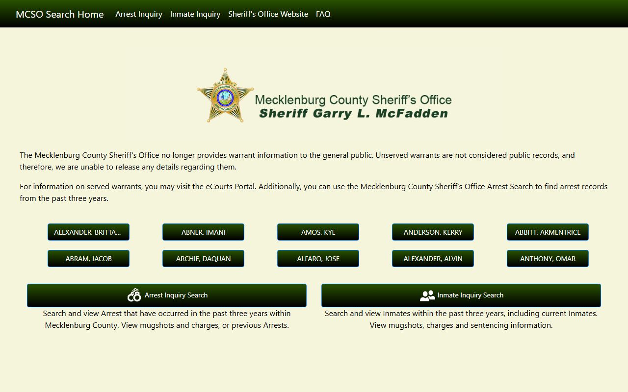 Mecklenburg County Sheriff arrest inquiry tool for criminal history records
