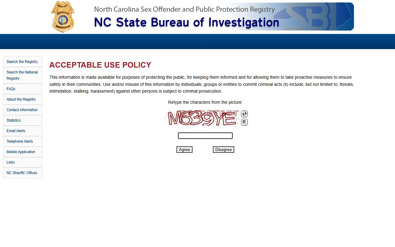 NC Sex Offender Registry search page for criminal history
